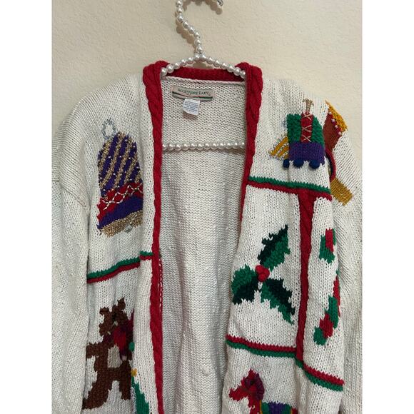 Vintage Christmas 1980's White Christmas Sweater Knitted Cardigan Toys Hong Kong - Picture 5 of 7